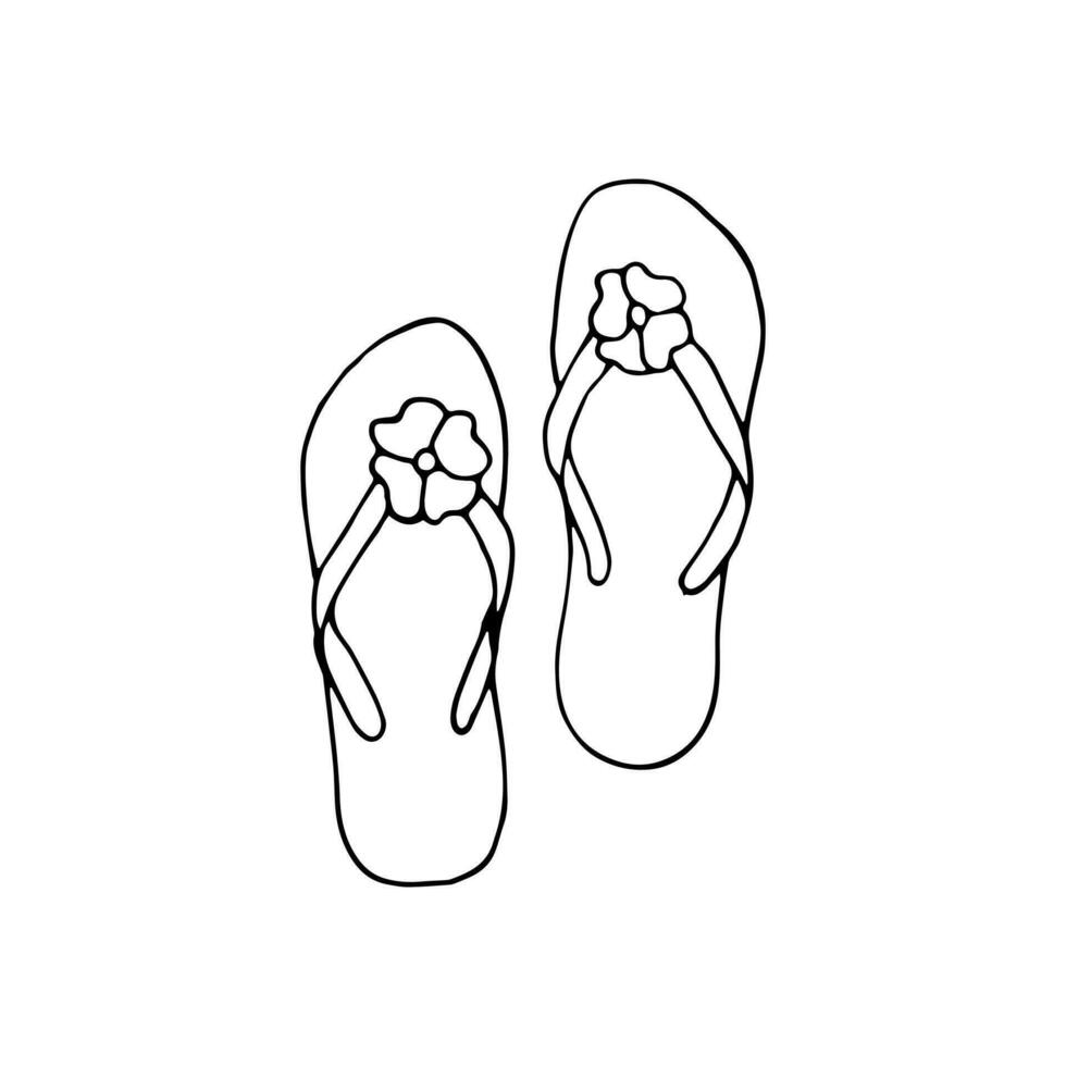 Pair of hand-drawn slippers with flowers. outline doodle icon. Summer vacation, sandals, holidays, shoe concept. vector