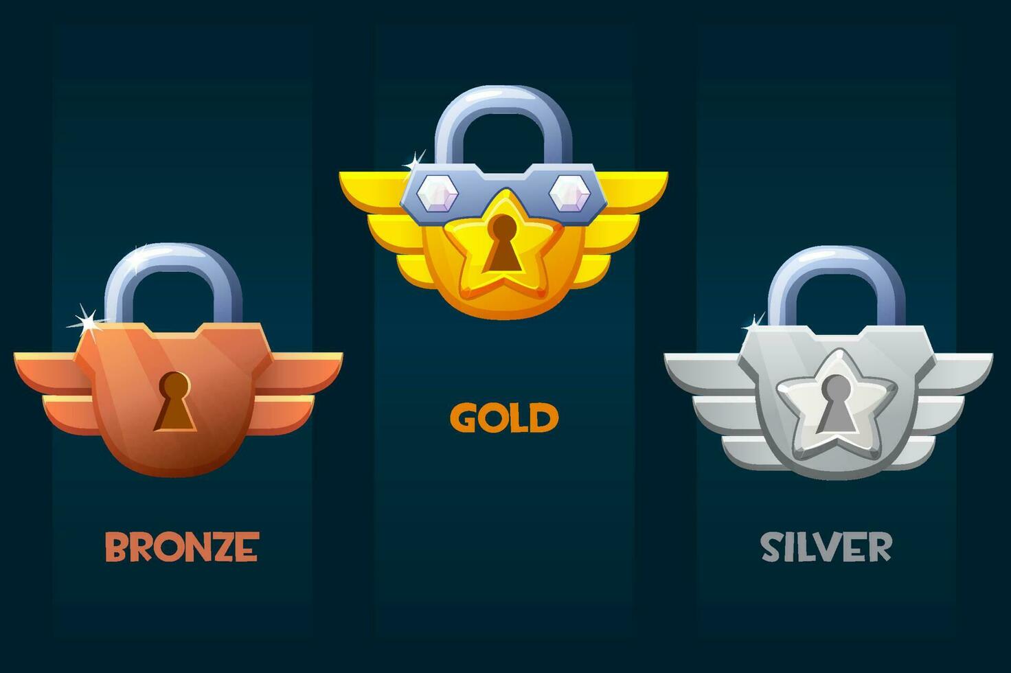 bronce, plata y dorado candado. premio juego iconos vector