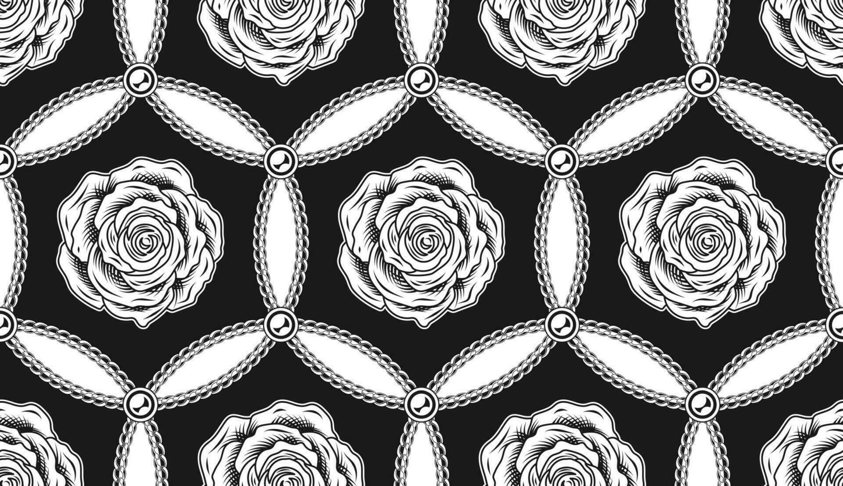 Seamless black and white hexagonal pattern with chains, beads, contour roses, intersecting circles. Classic geometric vintage background. Vector