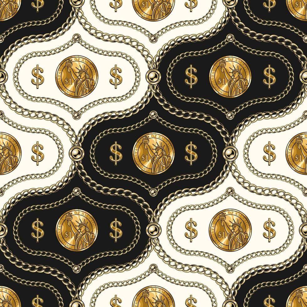 Seamless vintage damask pattern with realistic gold chain, beads, golden one dollars coins, dollar sign. Classic background. Vector