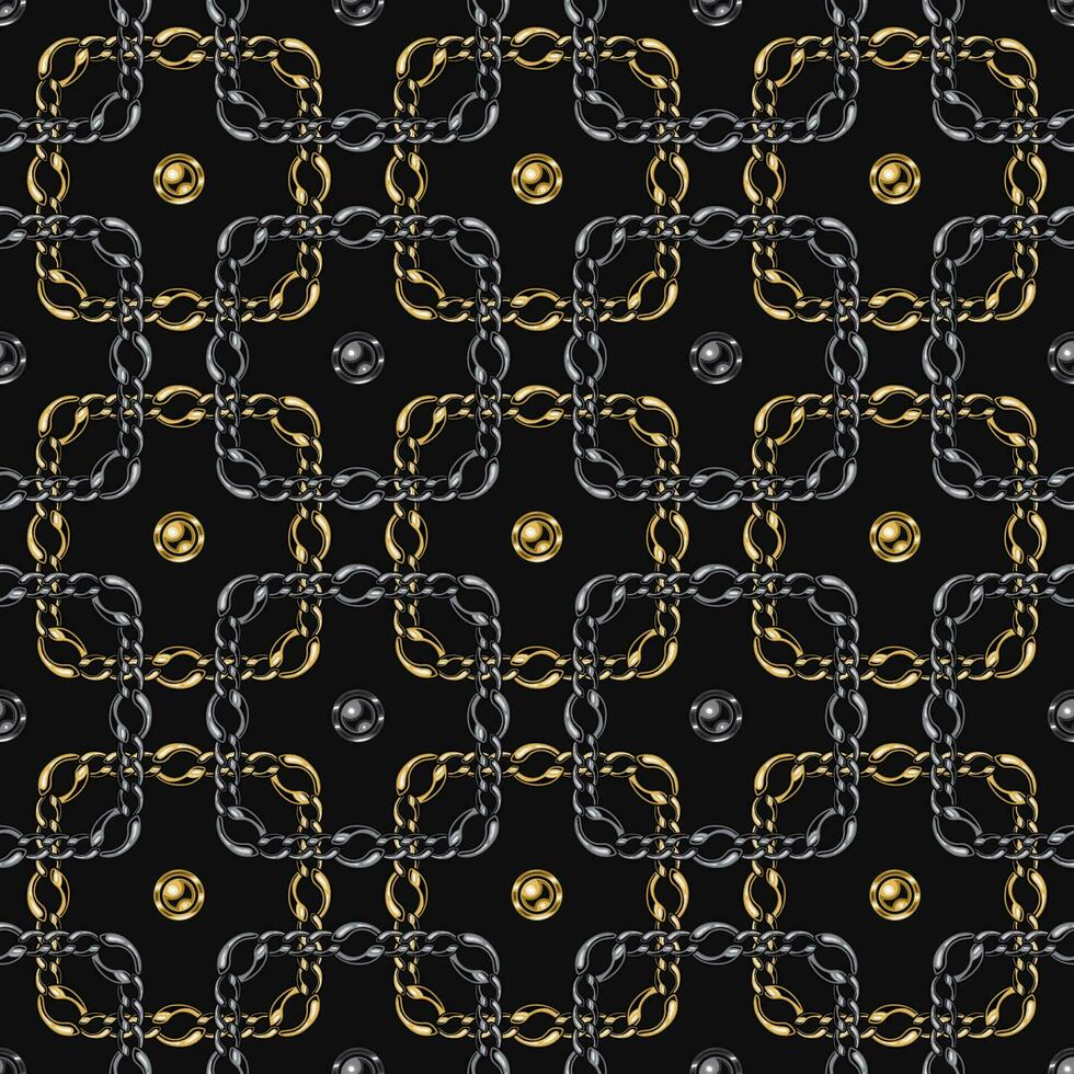 Seamless geometric chain pattern with intricate squares on black background. Vector Illustration.