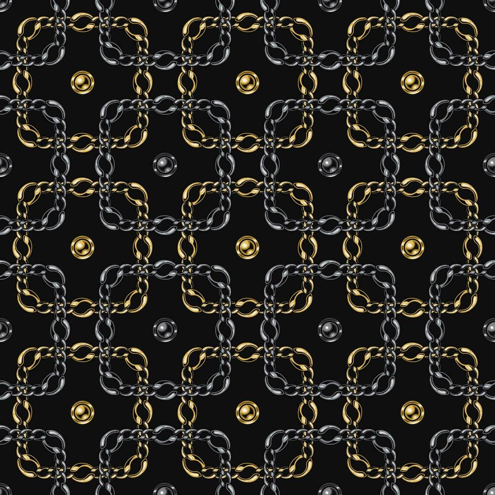 Seamless geometric chain pattern with intricate squares on black background. Vector Illustration.