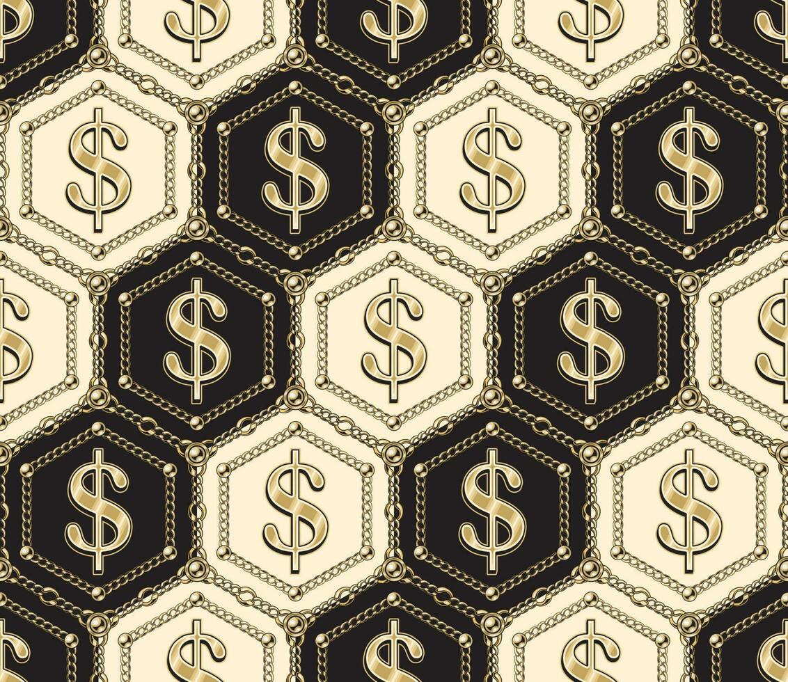 Hexagonal luxury vintage beige and brown pattern with shiny gold dollar sign, gold chains, beads. Vector seamless background.