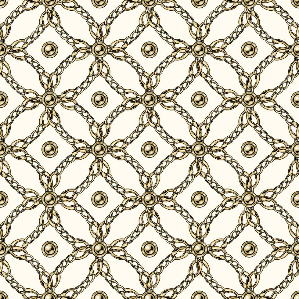 Seamless geometric pattern with gold chains, ball beads, intricate overlapping circles on white background. Vector