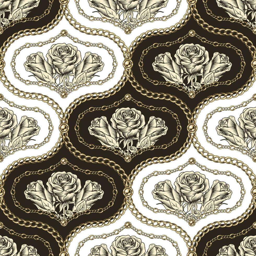 Seamless vintage damask pattern with gold chains, beads, bouquet of contour roses. Diagonal composition. Classic geometric background. Vector