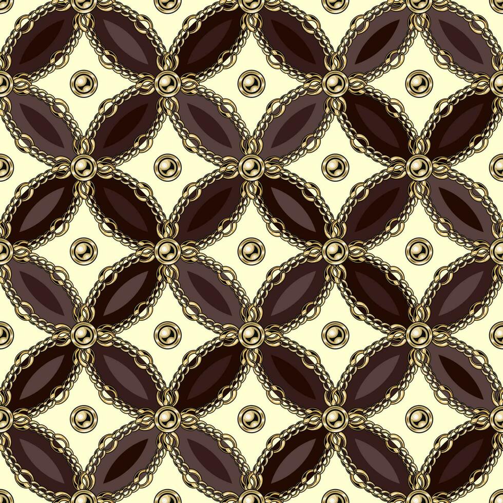 Seamless geometric pattern with ellipses, gold chains, ball beads. Classic background. Vector