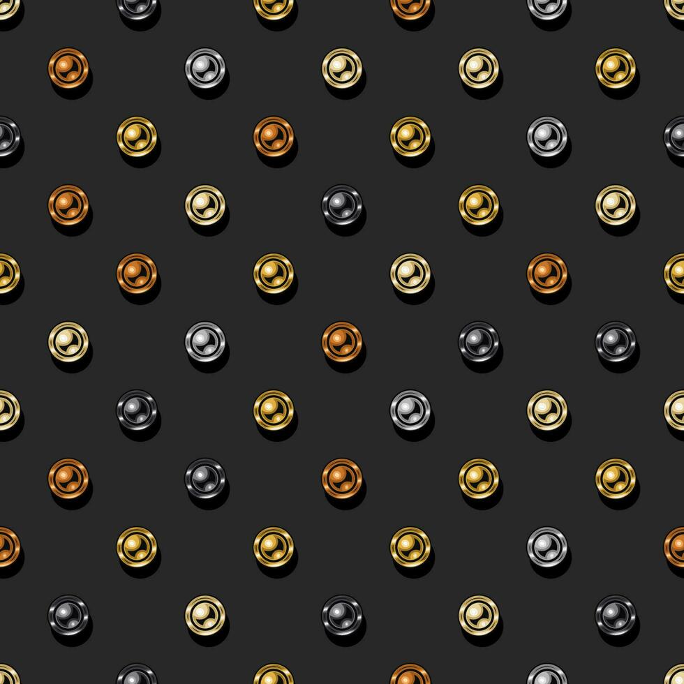 Seamless vector pattern polka dot with colorful metallic buttons on a black background. Decorative print.