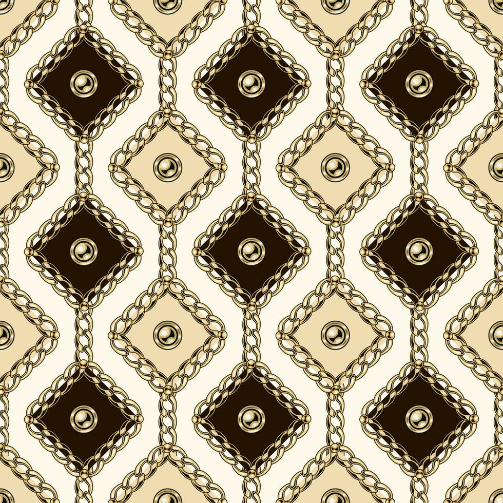 Seamless pattern with squares with gold chains, beads. Vertical lined up elements on a beige background. vector