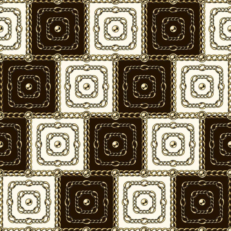 Square geometric pattern with gold chains, ball beads. Diagonal ornament with dark brown and white squares. Vector Illustration.