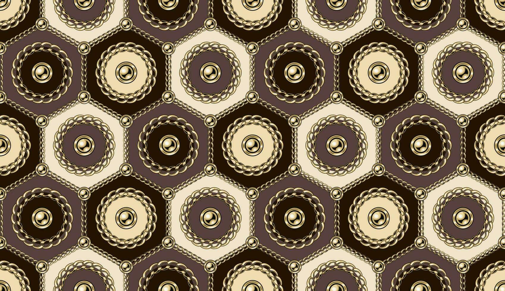 Seamless pattern with circles with gold chains, beads in hexagonal grid. Geometric motley background. vector