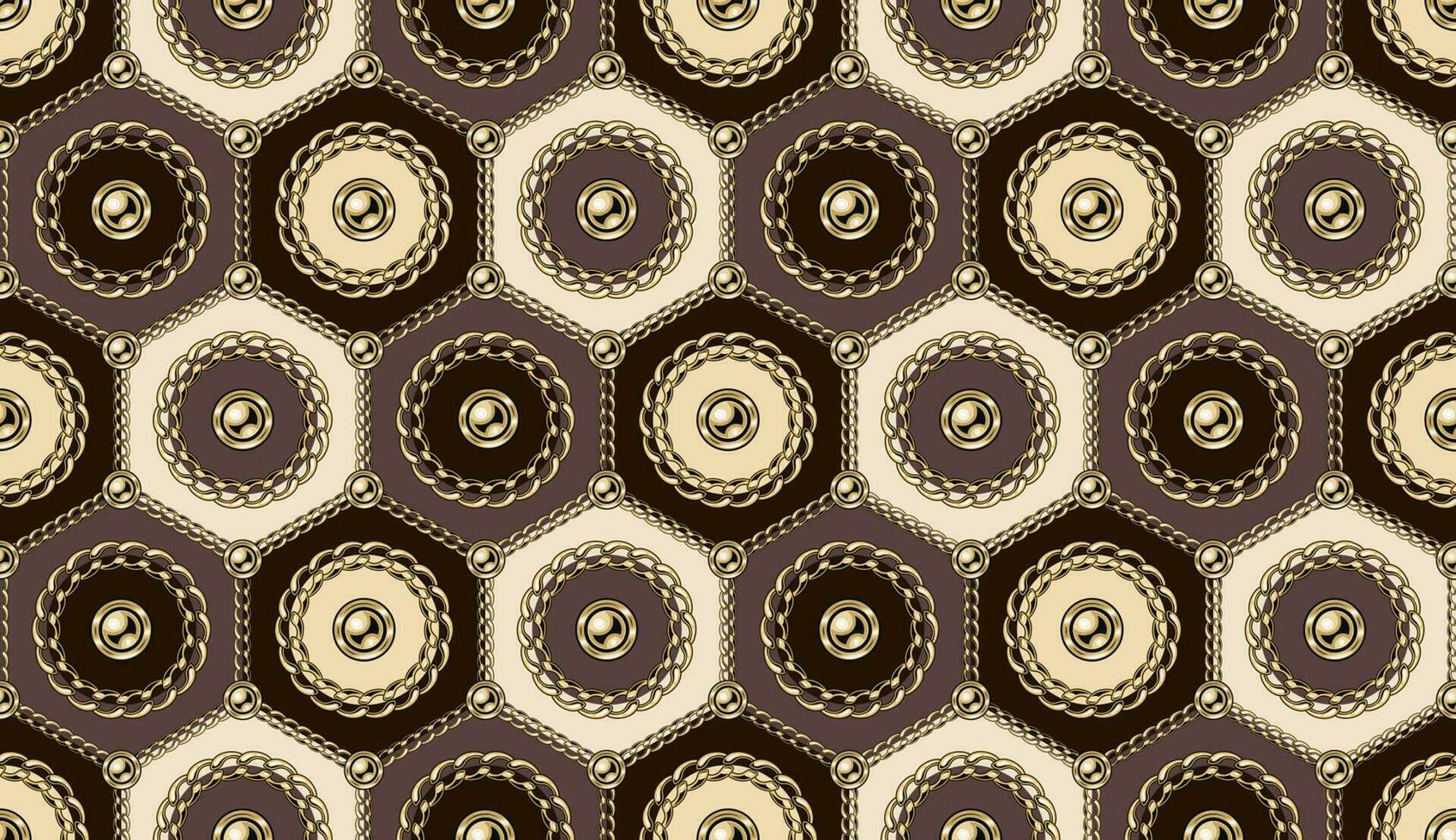 Seamless pattern with circles with gold chains, beads in hexagonal grid. Geometric motley background. vector