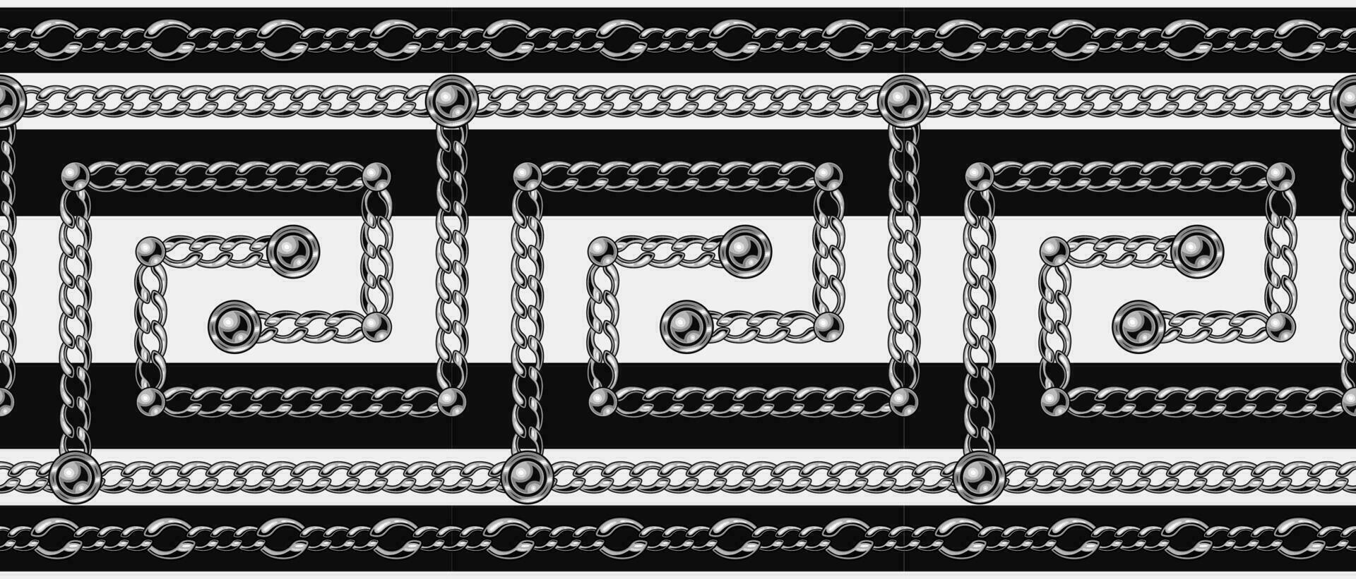 Monochrome greek pattern border with silver chains, beads. Black and white colors, horizontal stripes. Traditional ancient greek border ornament. vector