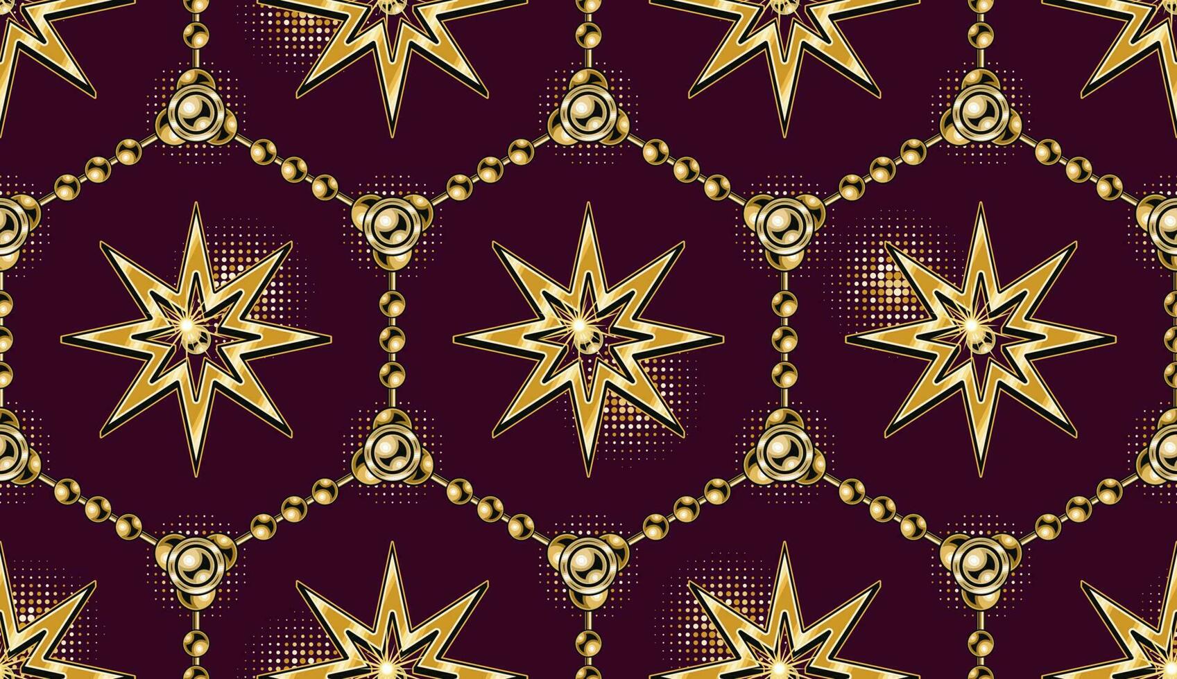 Seamless geometric pattern with hexagonal grid with golden chains, shiny stars, halftone shapes on dark red background. Vector illustration in vintage style.