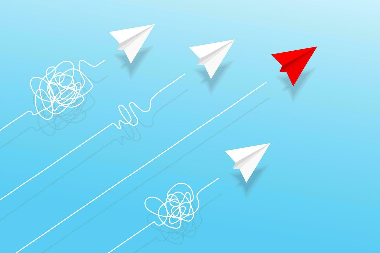 Top view of paper planes with doodle line in the sky. Origami aircraft. Geometric shape symbol. Concept of business, leadership, solution, success, education, teamwork, mission target, think different vector