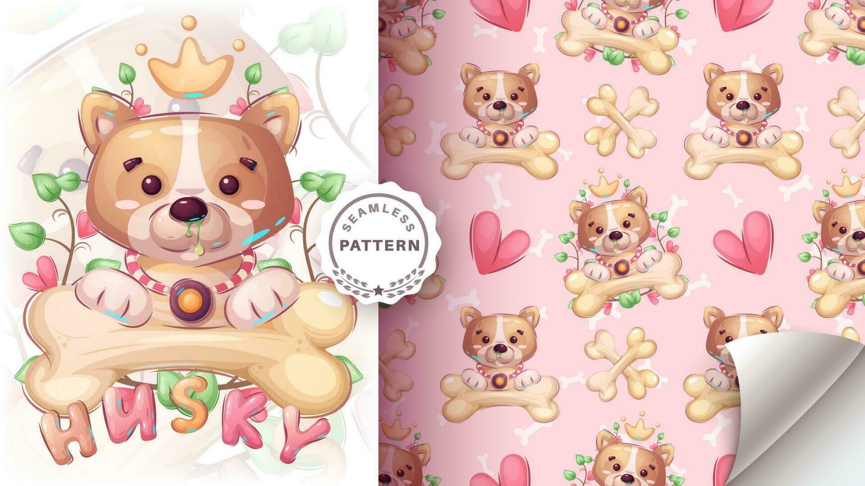 Seamless pattern cartoon character adorable dog, pretty animal idea for print t-shirt, poster and kids envelope, postcard. Cute hand drawn style puppy vector
