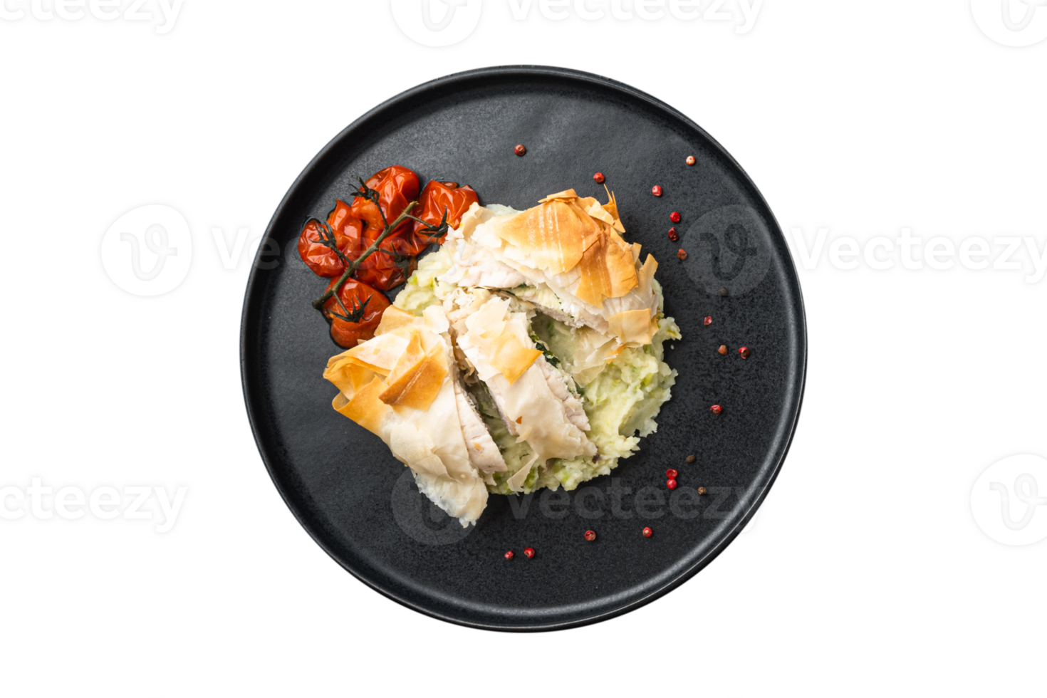 Checken with mashed potatoesand tomatoes isolated on a transparent background png