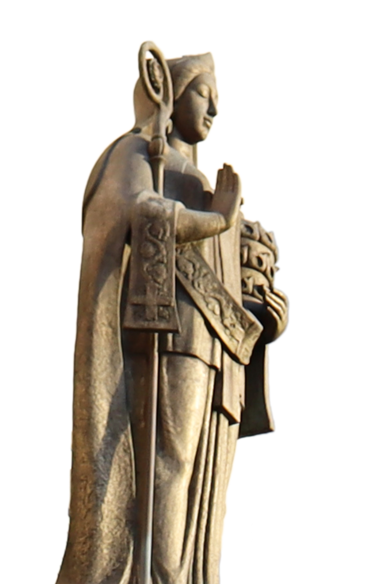 Close up medieval sculptures on the top of pillar with vignetting 