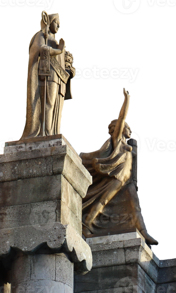 Close up medieval sculptures on the top of pillar with vignetting. Urban architectural photography. png