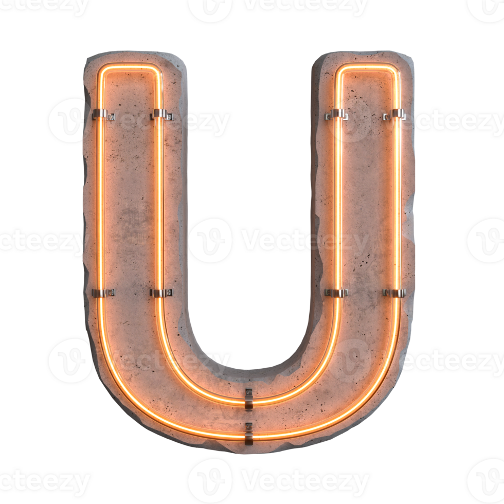 Concrete neon light alphabet U on transparent background, PNG file
