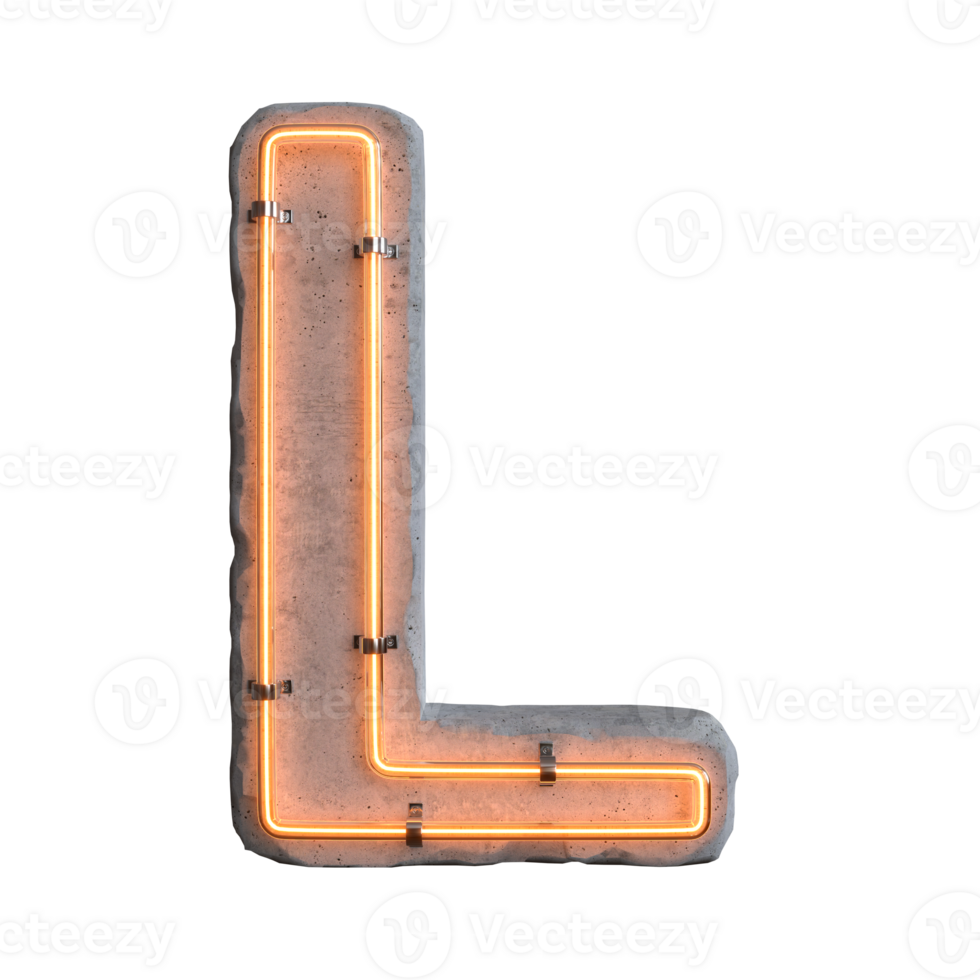Concrete neon light alphabet L on transparent background, PNG file