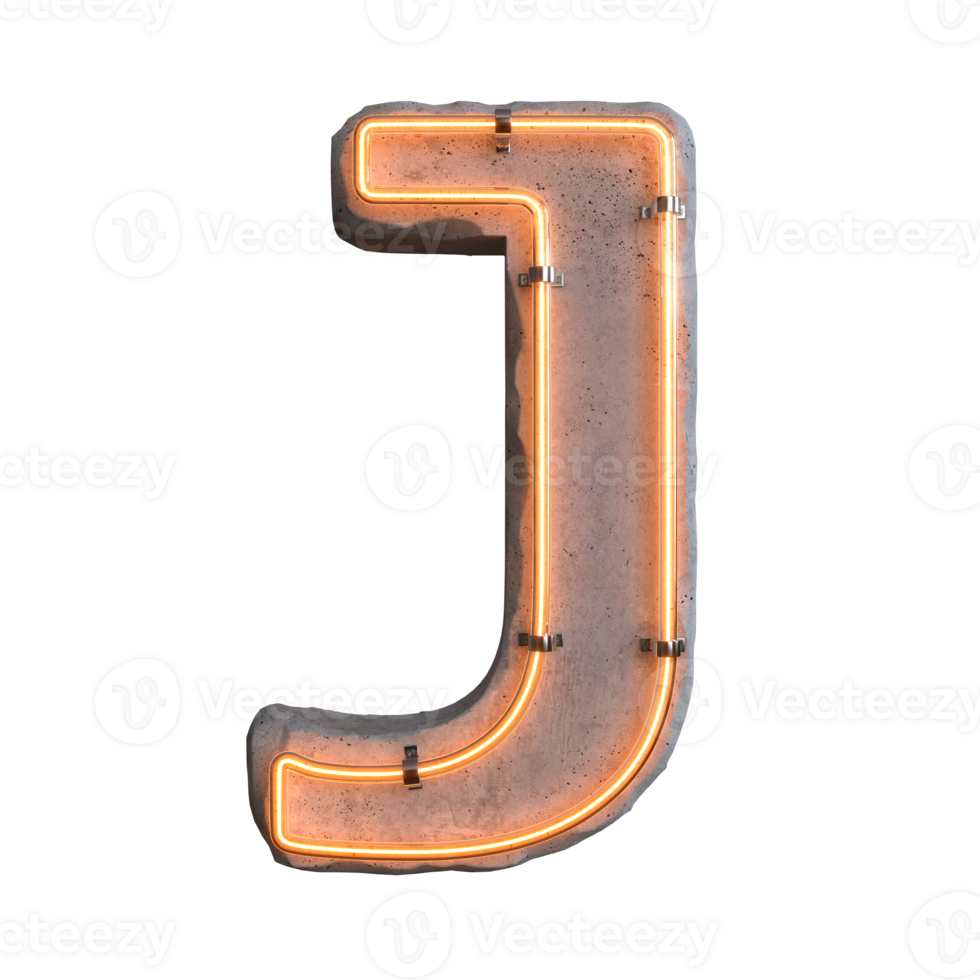 Concrete neon light alphabet J on transparent background, PNG file