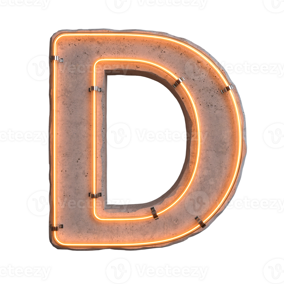 Concrete neon light alphabet D on transparent background, PNG file