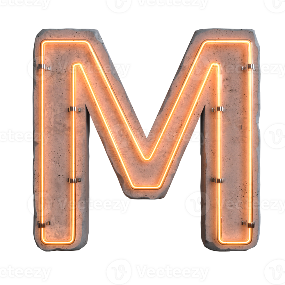 Concrete neon light alphabet M on transparent background, PNG file