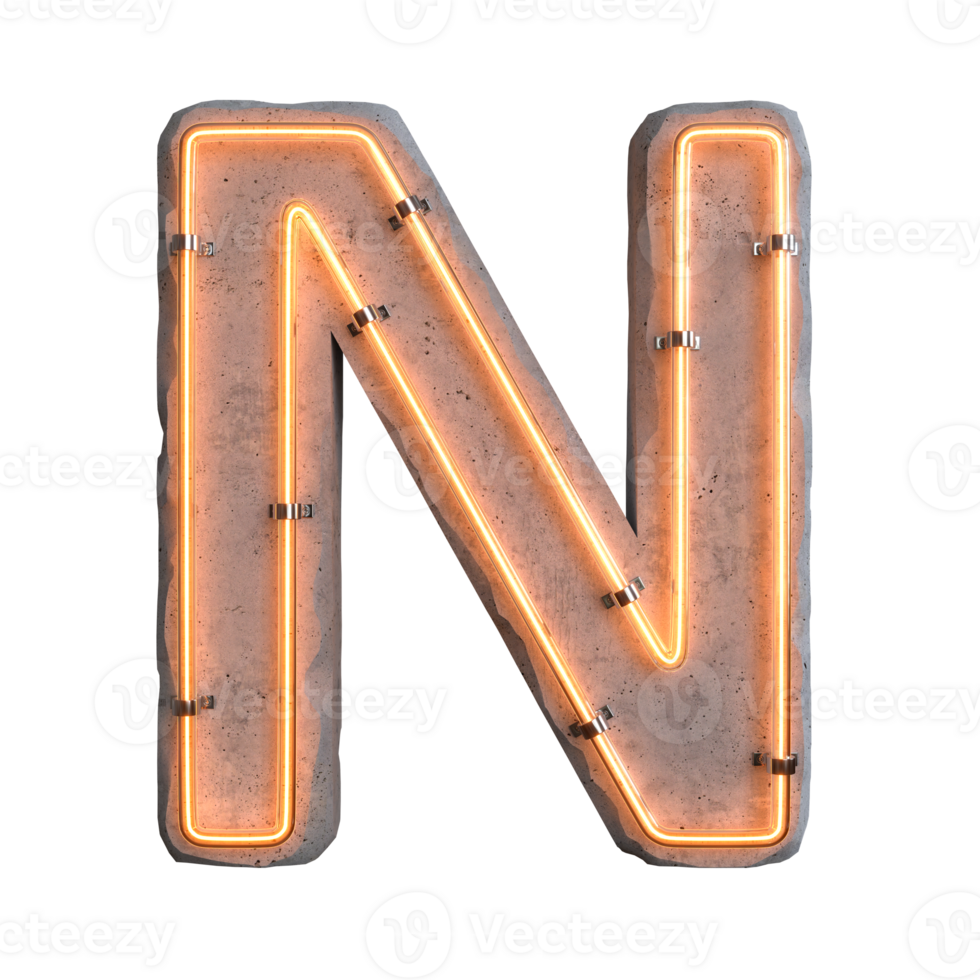 Concrete neon light alphabet N on transparent background, PNG file