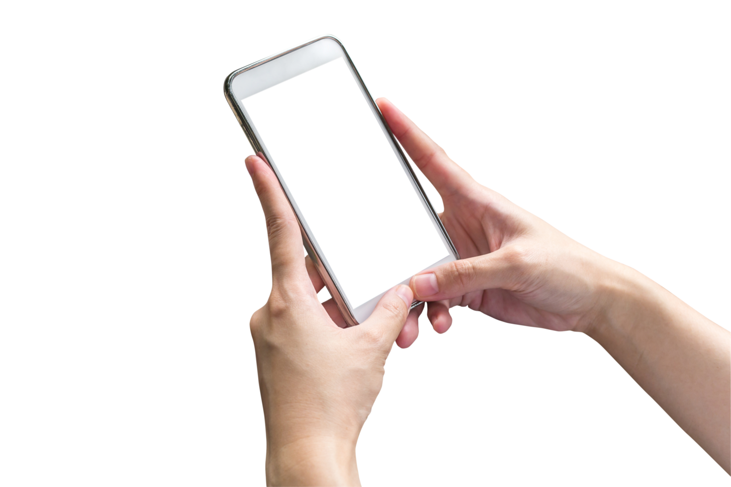 Hand with phone isolated on transparent background. Png realistic design element.