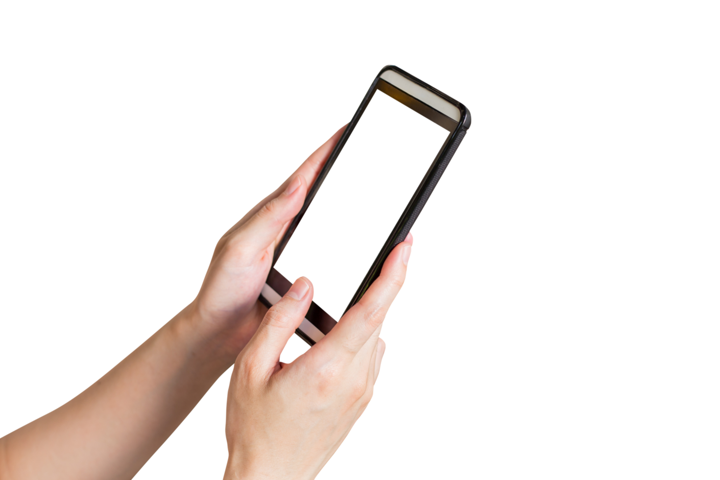 Hand with phone isolated on transparent background. Png realistic design element.