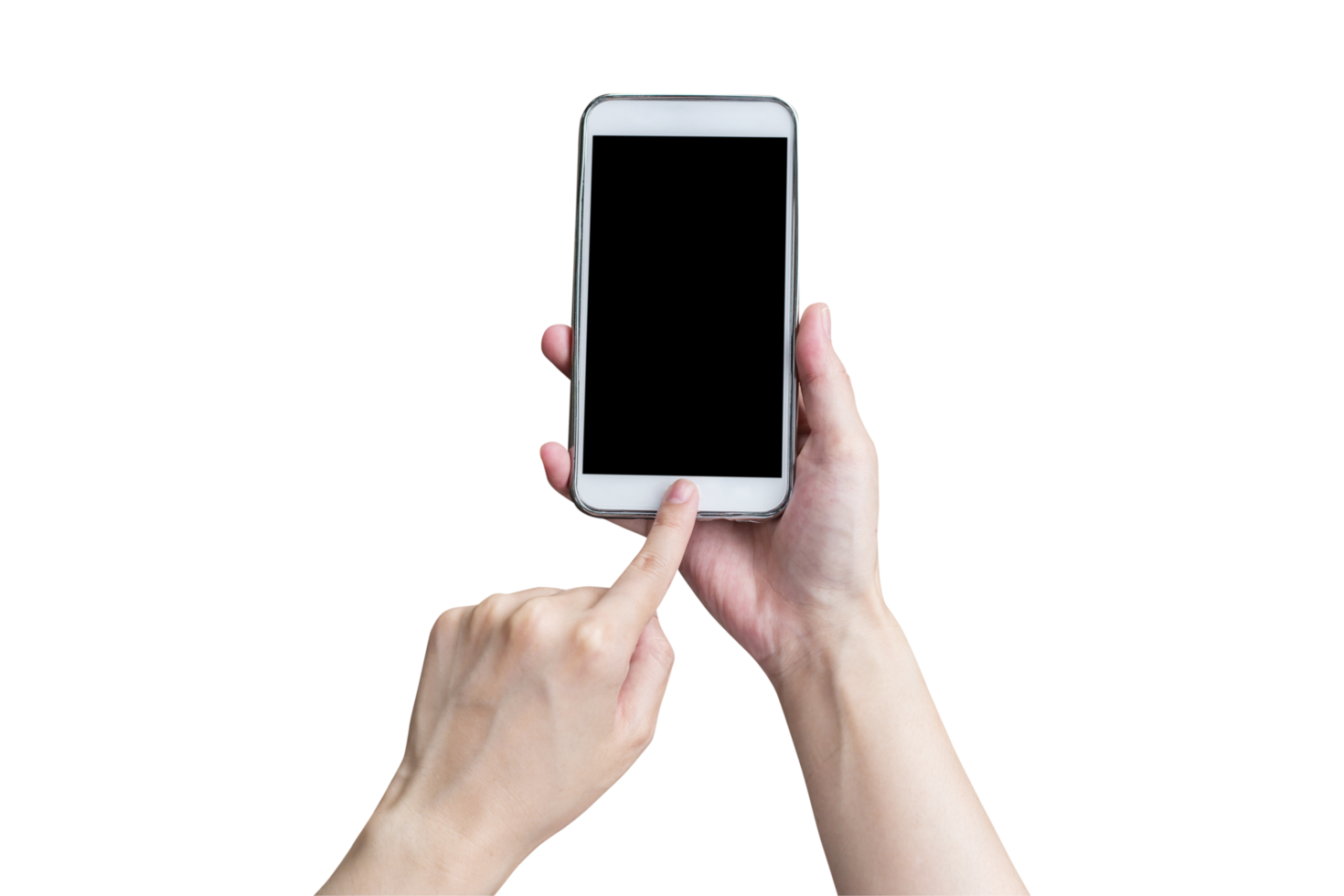 Hand with phone isolated on transparent background. Png realistic design element.