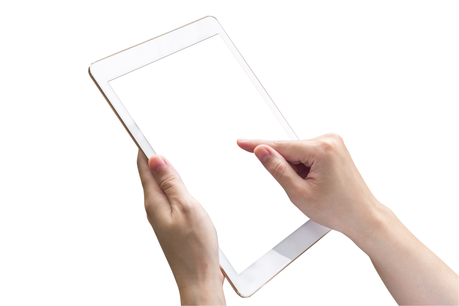 Hand hold tablet isolated on transparent background. Png realistic design element.