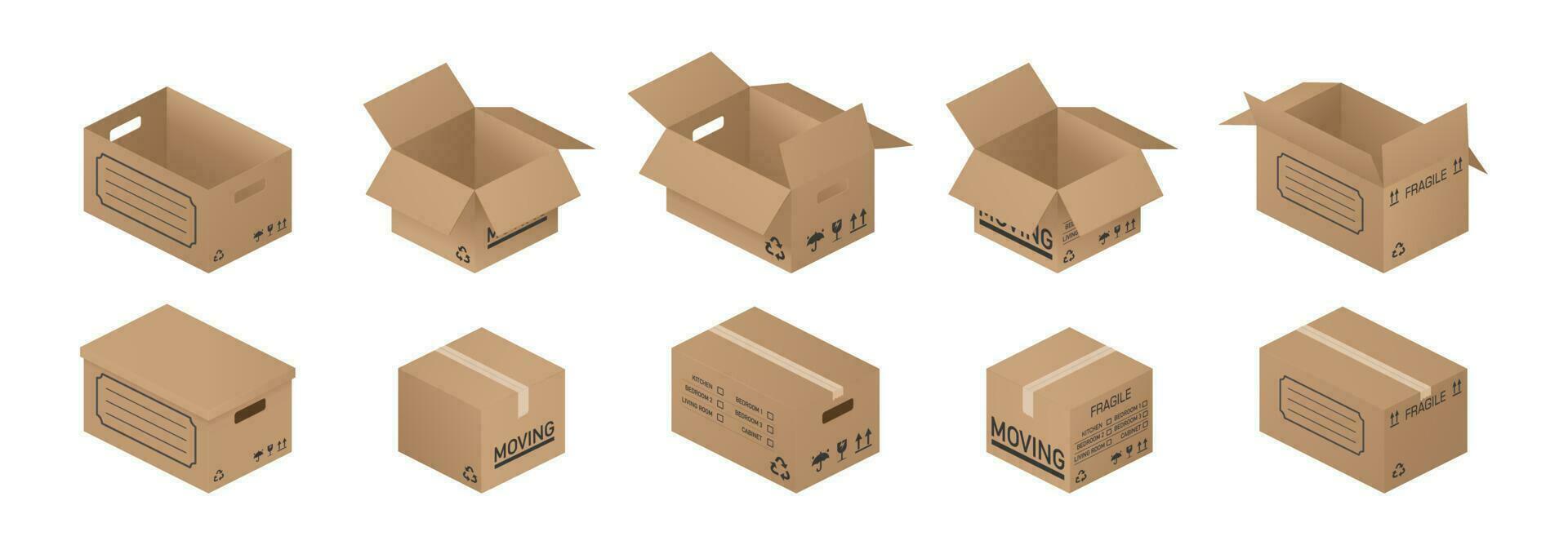 Isometric set of cardboard boxes. Carton delivery packaging open and closed box with fragile shipping signs. Cardboard box mockup large set. Isolated on white background. vector