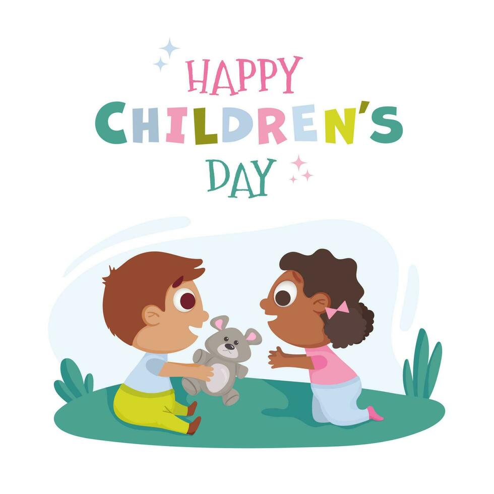 Happy International Childrens day greeting card, poster. A boy gives a gray teddy bear to a girl. Couple of children are sitting on a green lawn. Two happy kids. Holiday phrase with sparks or stars. vector