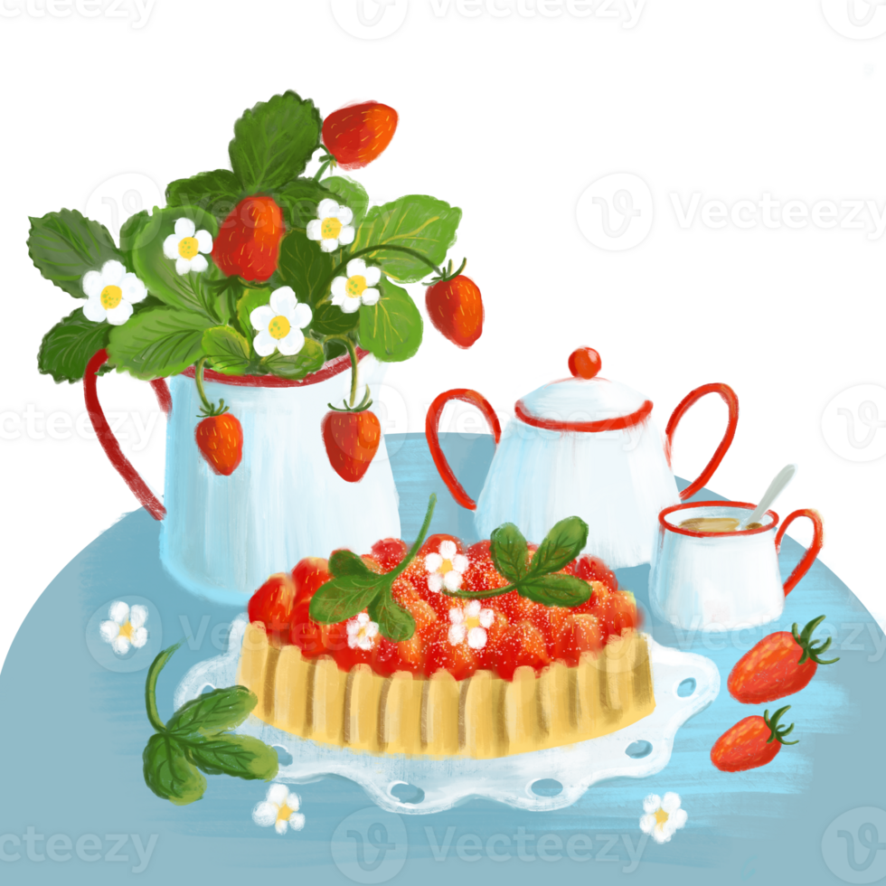 Strawberry still life style png illustration. Strawberry cake or pie on a plate, jug with blossoms and leaves, cup with tea or coffee with spoon.