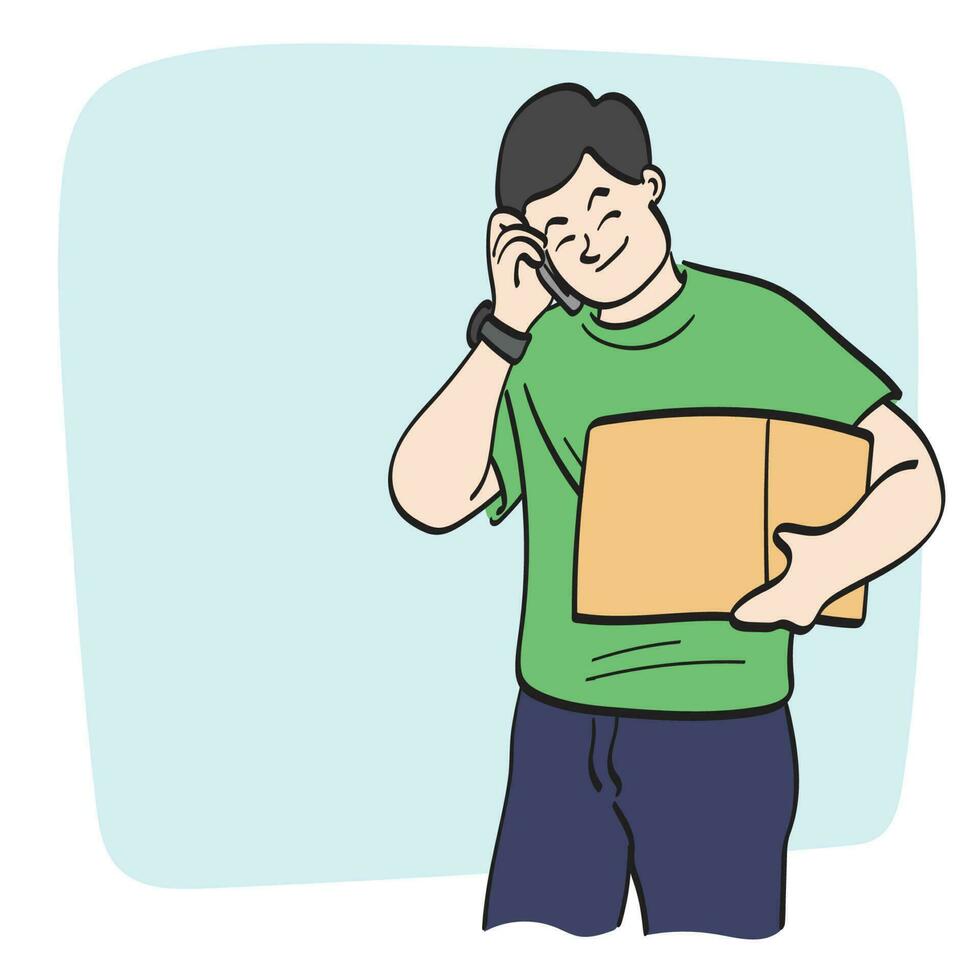 line art man receiving box and using smartphone illustration vector hand drawn isolated on white background