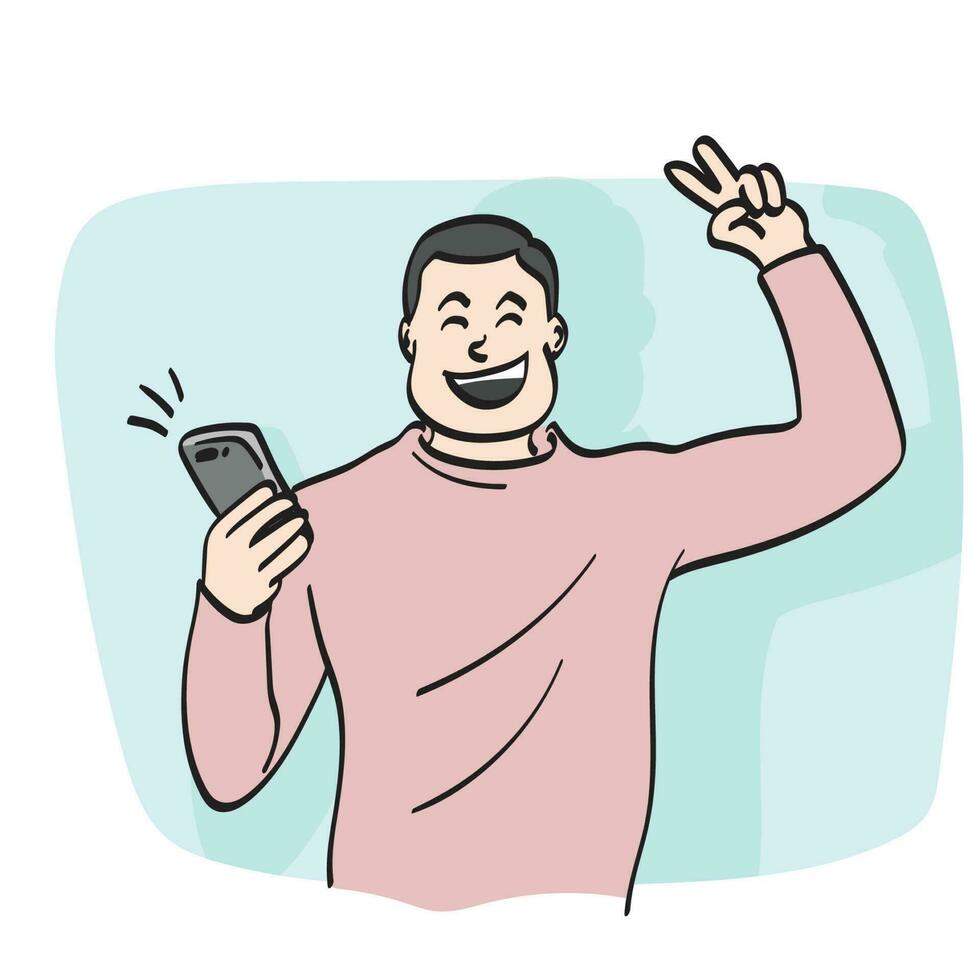 line art businessman using smartphone and showing victory sign illustration vector hand drawn isolated on white background