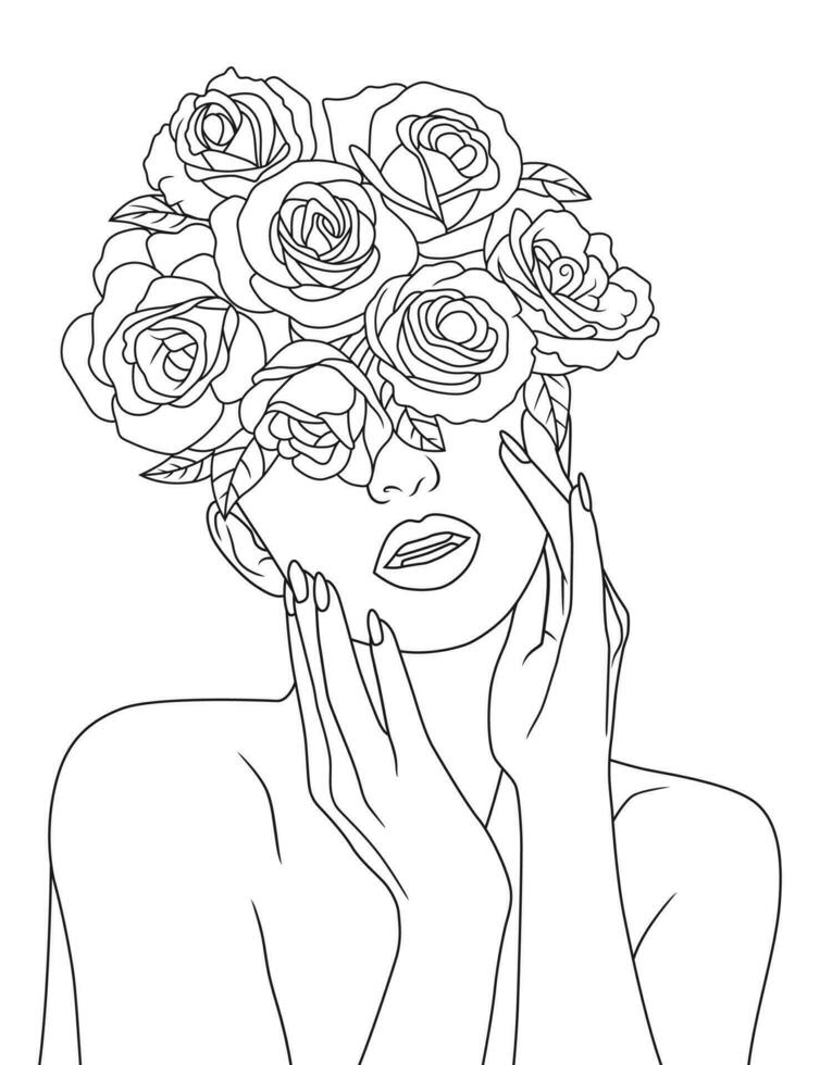 Sensual flower head Feminine Illustration line drawing. Woman face with