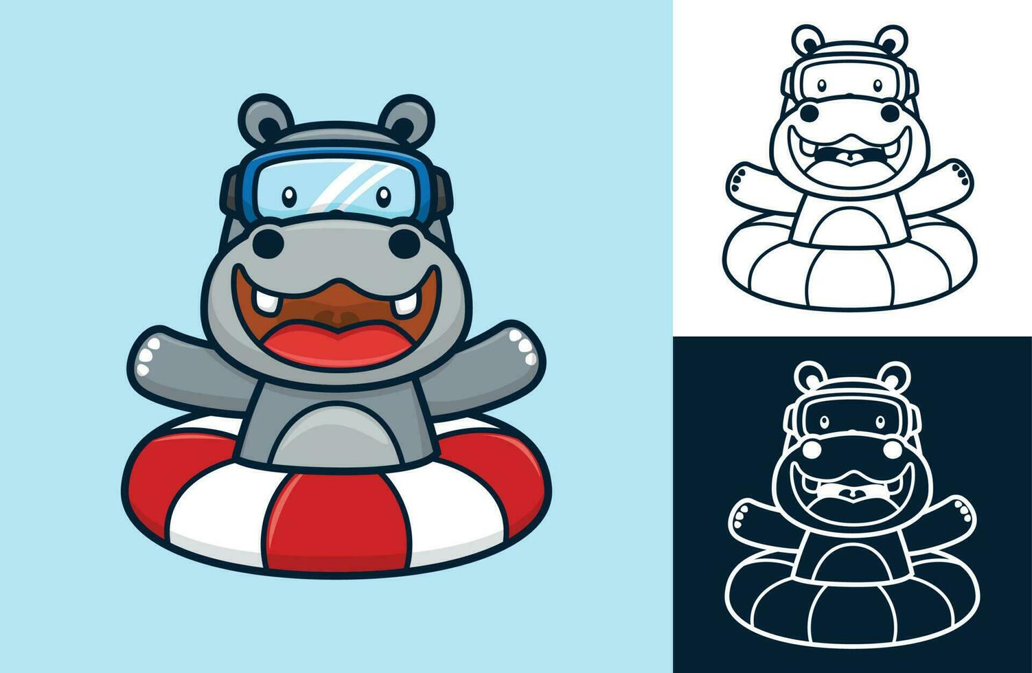 Funny hippo wearing diving goggles on lifebuoy. Vector cartoon illustration in flat icon style