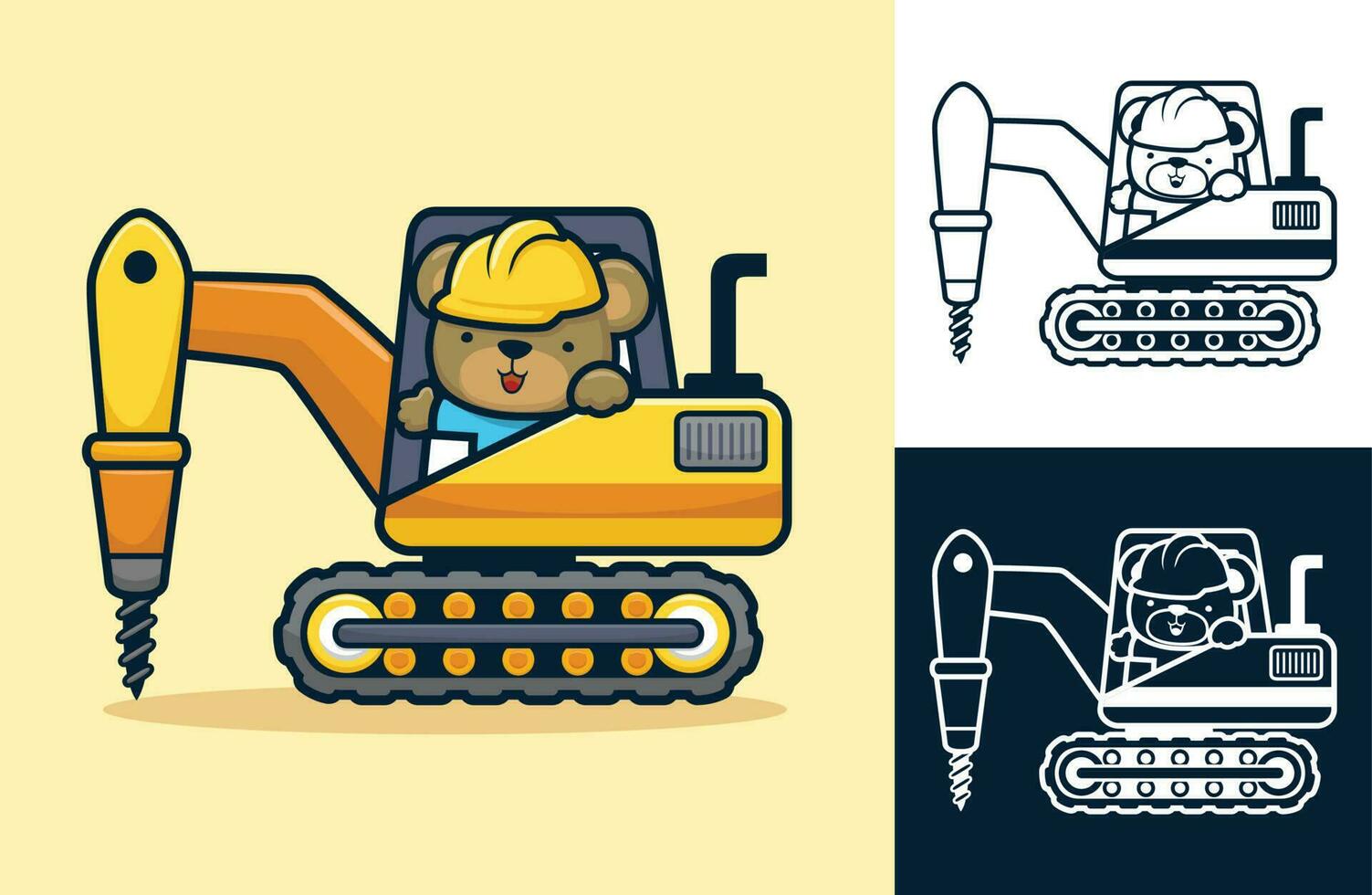 Cute bear driving tractor with drill. Vector cartoon illustration in flat icon style