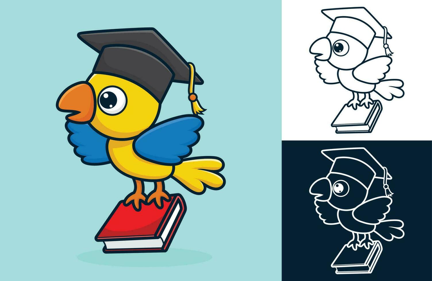 Cute bird wearing graduation hat carrying book in its feet. Vector cartoon illustration in flat icon style