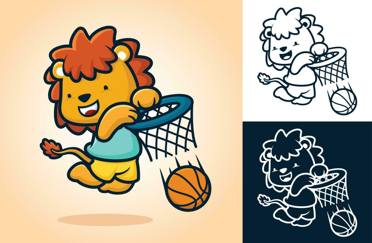 Cute lion playing basketball, put the ball into basket. Vector cartoon illustration in flat icon style