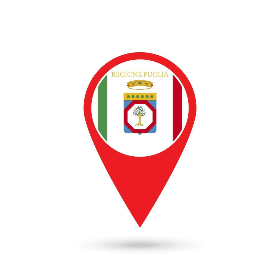 Map pointer with Apulia Flag. Region of Italy. Vector illustration.