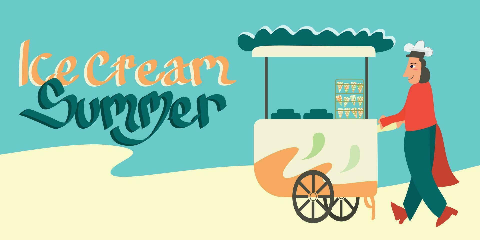 man selling ice cream in the beach at summer with typography ice cream summer vector