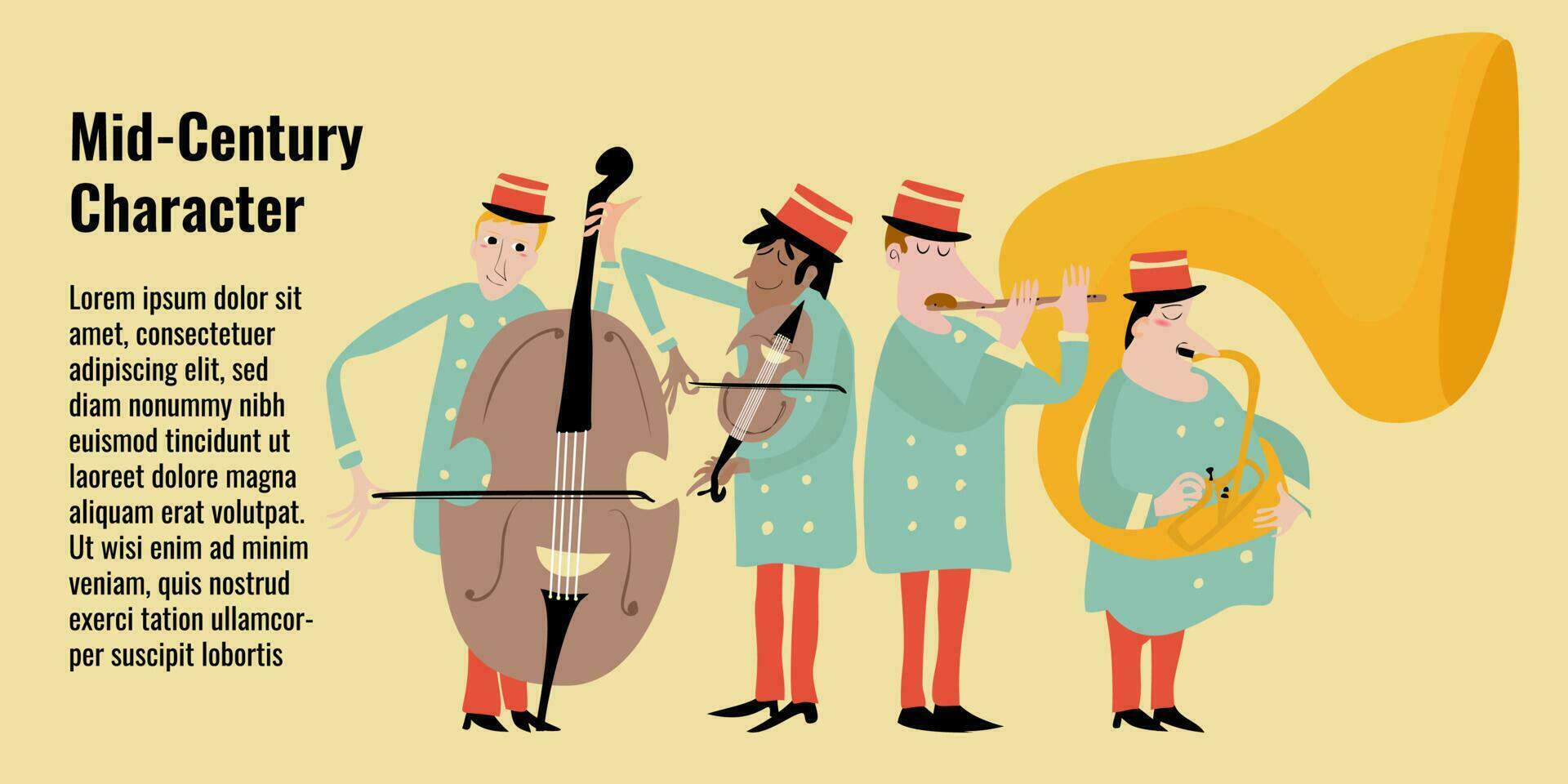 Vintage Victorian Gentleman Vector cartoon character set of elegant Orchestra player in retro attire with hats and mustaches on textured background