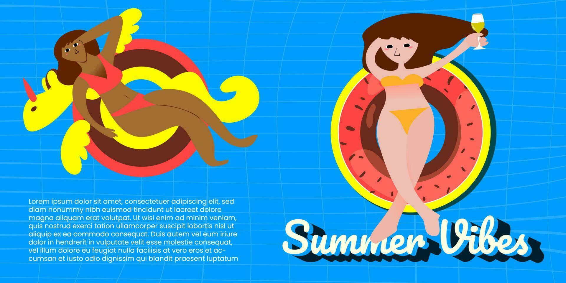 junto a la piscina paraíso un retro mano dibujado vector ilustración de un hermosa mujer broncearse en un vistoso inflable rosquilla flotador en un azul piscina con amigos, Perfecto para verano Días festivos y piscina fiestas