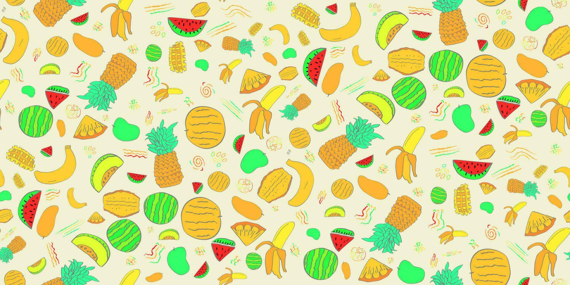 Fresco y divertido mano dibujado vistoso tropical Fruta sin costura modelo antecedentes verano diseños vector ilustración caracteristicas piñas, sandías, y jugoso