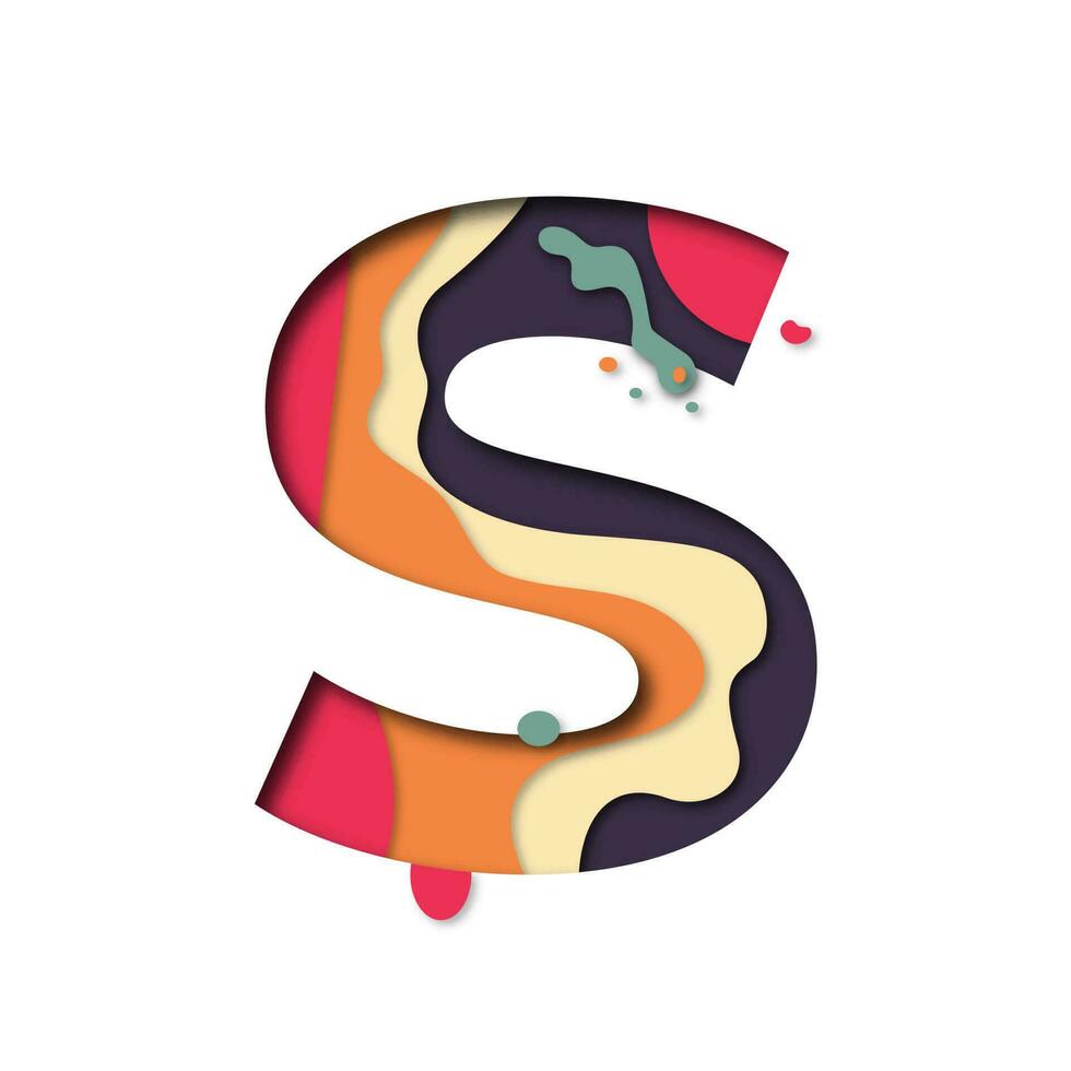 Trendy 3d paper cut letter S on white background. Alphabet font logo with multicolor melting liquid. vector