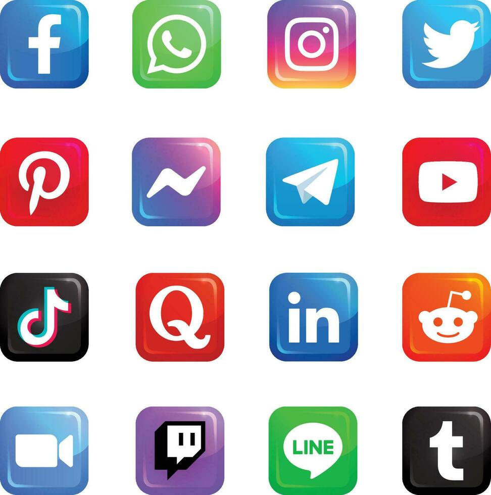 icono conjunto social medios de comunicación botón cuadrado vector