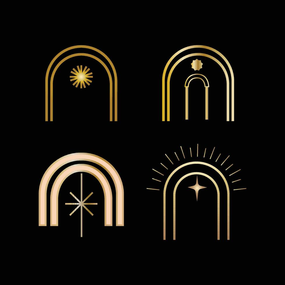 set of golden arch doors on black background vector